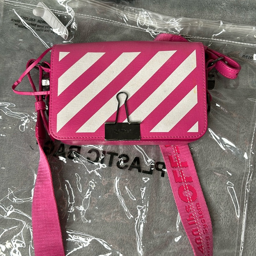 Hot pink off white cross body bag